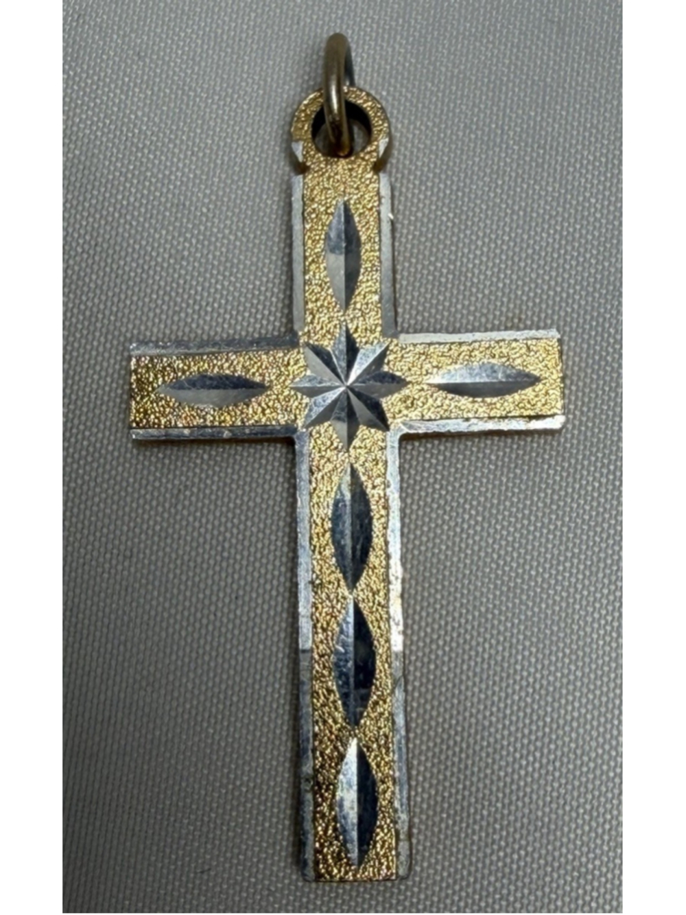 Cross Pendant Silver Etched Design 2” Gold Tone Accents Christian Taiwan 